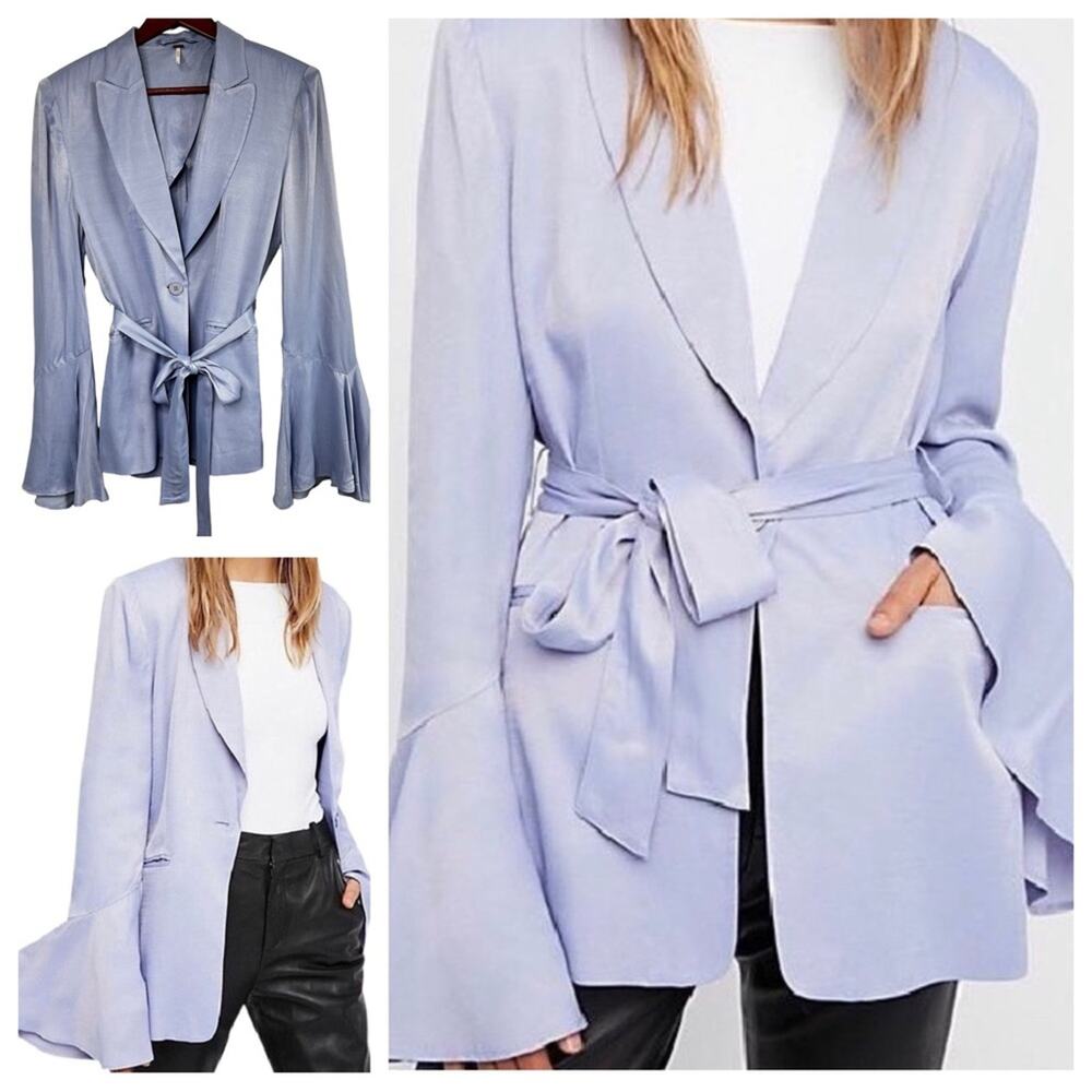 Free People Blazer Sz Small Frilled Cuff Lavender Satin Smooth Jacket  Romantic